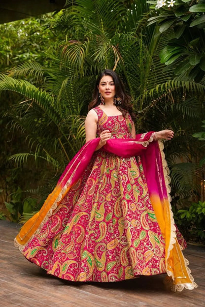 Stylish Magenta Organza Silk Digital Print Anarkali Gown with Heavy Flair and Lace Dupatta RE