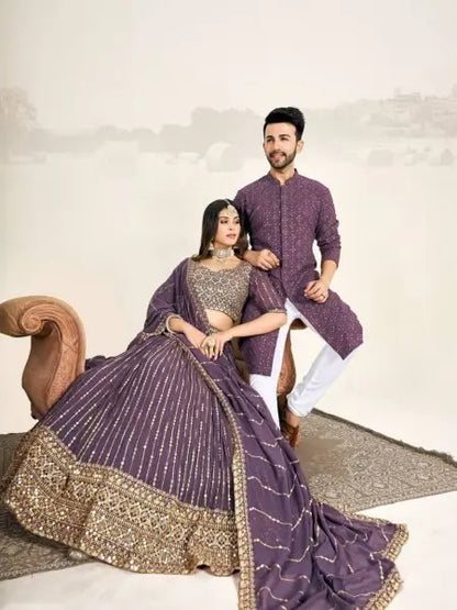 Mauve Soft Georgette Embroidered Wedding Wear Couple Wear Set RE