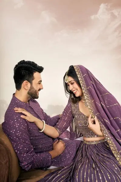 Matching Couple Indian Outfit Georgette Silk Lehenga Choli with Kurta Pajama Set RE