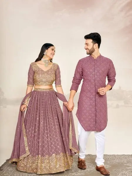 Mauve Soft Georgette Embroidered Wedding Wear Couple Wear Set RE