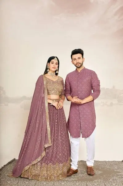 Mauve Soft Georgette Embroidered Wedding Wear Couple Wear Set RE