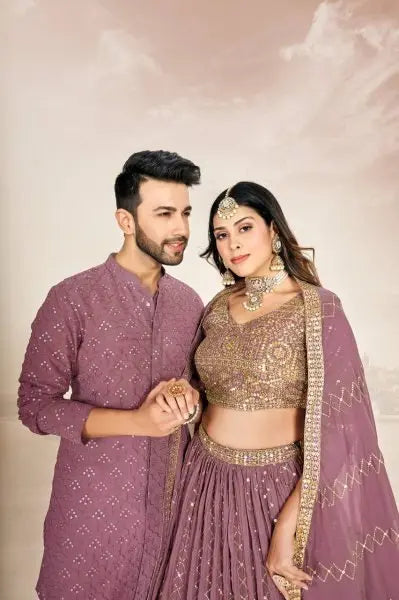 Mauve Soft Georgette Embroidered Wedding Wear Couple Wear Set RE