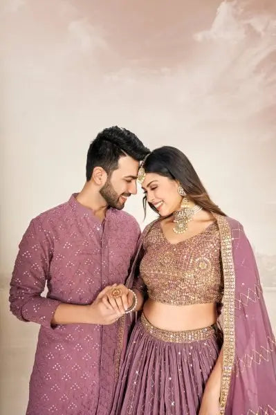 Mauve Soft Georgette Embroidered Wedding Wear Couple Wear Set RE