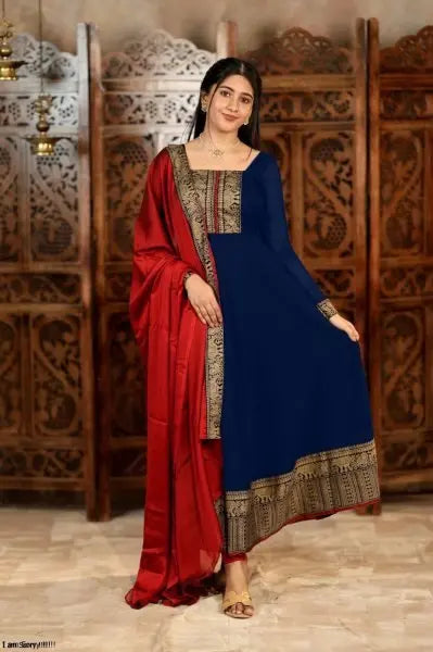 Vichitra Silk Embroidered Kurti Set with Jacquard Lace Dupatta for Weddings/Silk Long Sleeve Kurti /At Low Price/Festive Wear/ RE