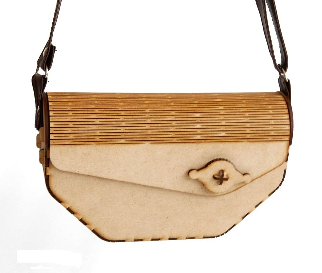 Wooden Laser-Cut Shoulder Bag with Leather Strap