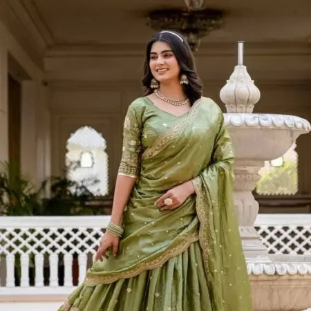 Olive Green Crush Silk Embroidered Lehenga Choli with Dupatta for Wedding Special RE