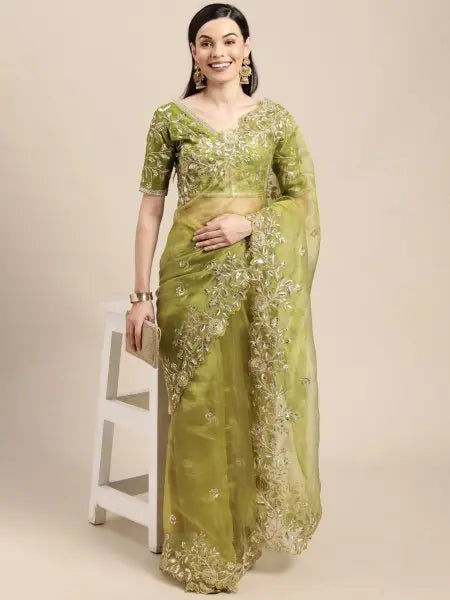 Olive Green Organza Sarees Sequinned Dori Embroidery Party Wedding Wear Wholesale Deals Latest Collection RE