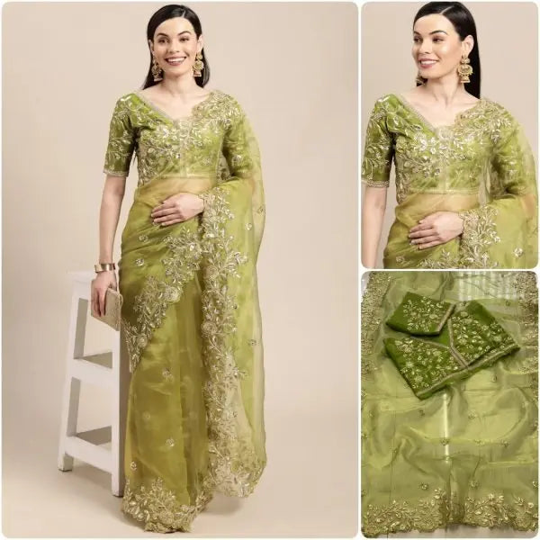 Olive Green Organza Sarees Sequinned Dori Embroidery Party Wedding Wear Wholesale Deals Latest Collection RE