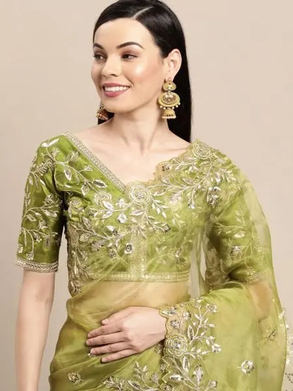Olive Green Organza Sarees Sequinned Dori Embroidery Party Wedding Wear Wholesale Deals Latest Collection RE