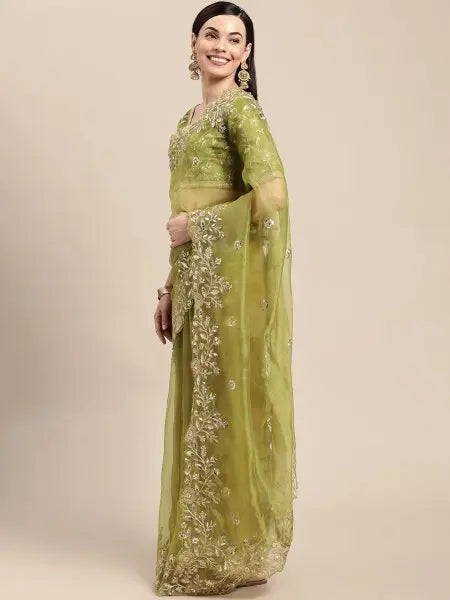 Olive Green Organza Sarees Sequinned Dori Embroidery Party Wedding Wear Wholesale Deals Latest Collection RE