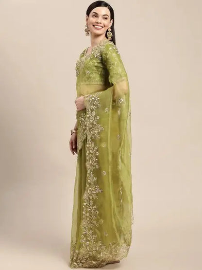 Olive Green Organza Sarees Sequinned Dori Embroidery Party Wedding Wear Wholesale Deals Latest Collection RE