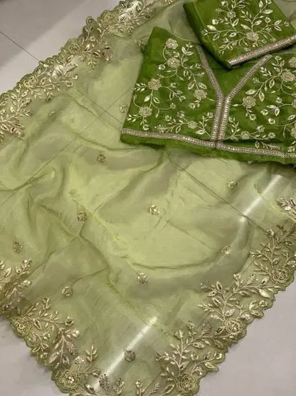 Olive Green Organza Sarees Sequinned Dori Embroidery Party Wedding Wear Wholesale Deals Latest Collection RE