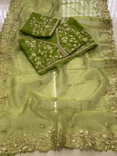 Olive Green Organza Sarees Sequinned Dori Embroidery Party Wedding Wear Wholesale Deals Latest Collection RE