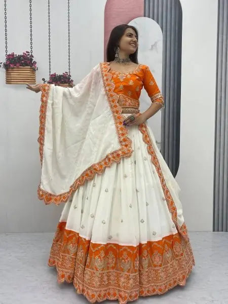 Orange and Off White Chinon Embroidery Lehenga Choli with Dupatta for Wedding Special RE