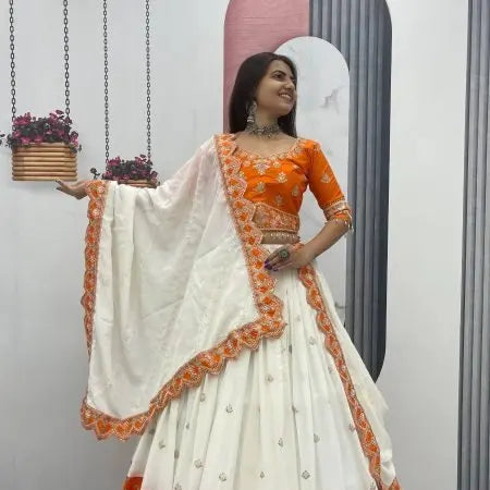 Orange and Off White Chinon Embroidery Lehenga Choli with Dupatta for Wedding Special RE