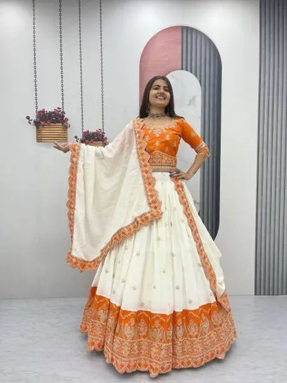Orange and Off White Chinon Embroidery Lehenga Choli with Dupatta for Wedding Special RE