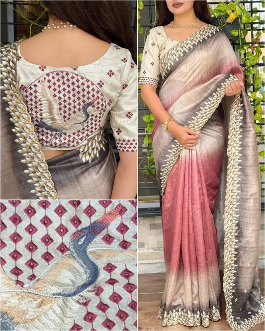 Elegant Silk Saree with Embroidered Peacock Blouse | Designer Party Wear Saree RE