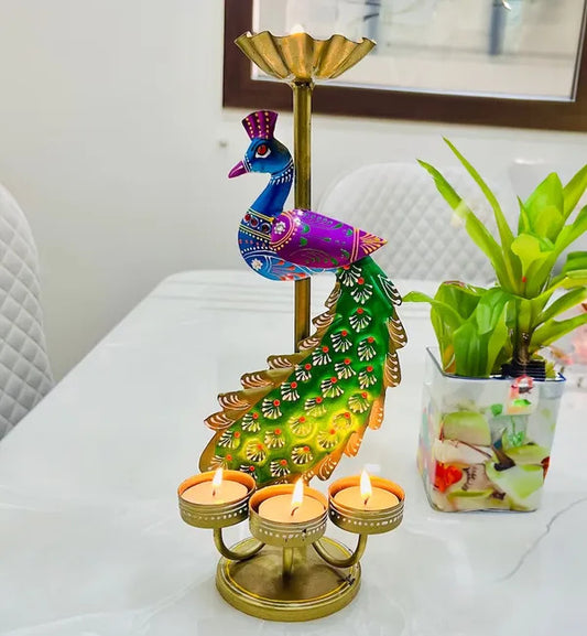 Vibrant Multicolor Metal Peacock T-Light Candle Holder – Unique Decorative Lantern for Home Décor