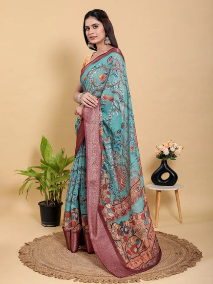 Designer Jacquard Patta Linen Cotton Saree with Floral Digital Print & Zari Border – Festive Ethnic Wear Attractive Sister