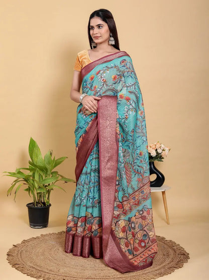 Designer Jacquard Patta Linen Cotton Saree with Floral Digital Print & Zari Border – Festive Ethnic Wear Attractive Sister