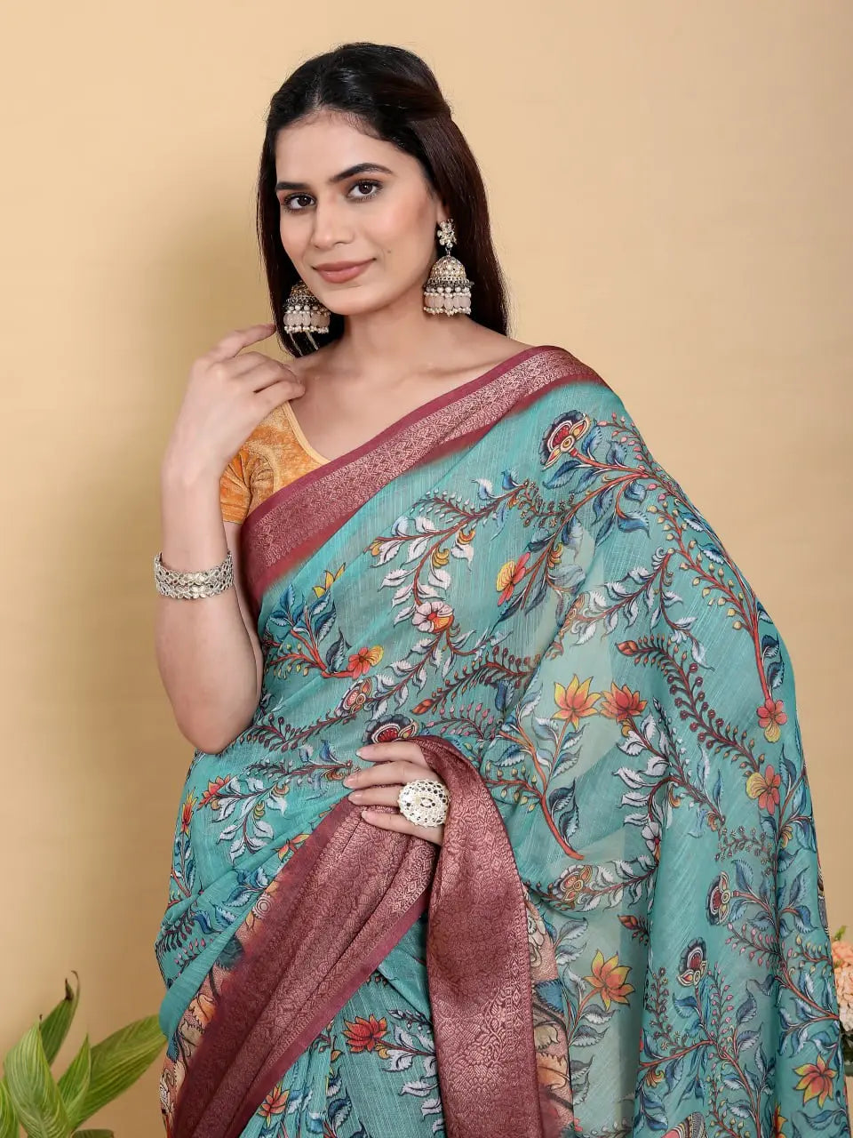 Designer Jacquard Patta Linen Cotton Saree with Floral Digital Print & Zari Border – Festive Ethnic Wear Attractive Sister