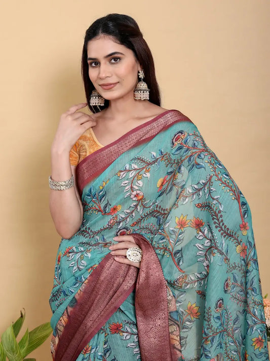 Designer Jacquard Patta Linen Cotton Saree with Floral Digital Print & Zari Border – Festive Ethnic Wear Attractive Sister