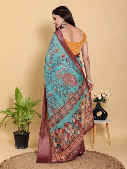 Designer Jacquard Patta Linen Cotton Saree with Floral Digital Print & Zari Border – Festive Ethnic Wear Attractive Sister