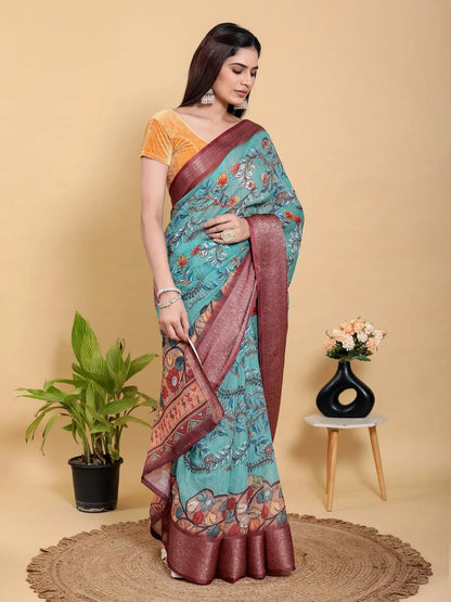 Designer Jacquard Patta Linen Cotton Saree with Floral Digital Print & Zari Border – Festive Ethnic Wear Attractive Sister
