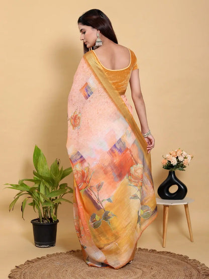 Designer Jacquard Patta Linen Cotton Saree with Floral Digital Print & Zari Border – Festive Ethnic Wear Attractive Sister