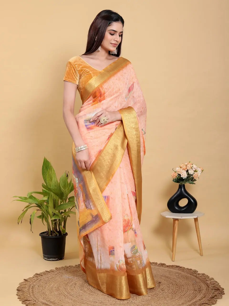 Designer Jacquard Patta Linen Cotton Saree with Floral Digital Print & Zari Border – Festive Ethnic Wear Attractive Sister