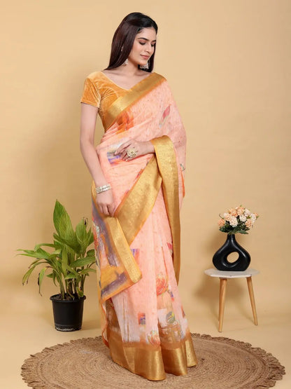 Designer Jacquard Patta Linen Cotton Saree with Floral Digital Print & Zari Border – Festive Ethnic Wear Attractive Sister