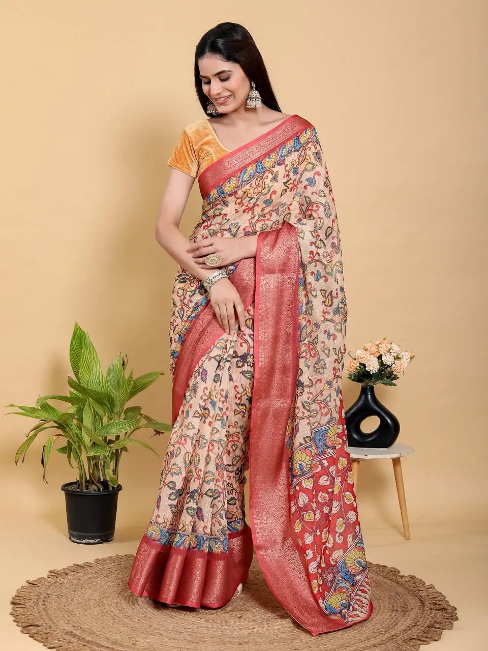 Designer Jacquard Patta Linen Cotton Saree with Floral Digital Print & Zari Border – Festive Ethnic Wear Attractive Sister