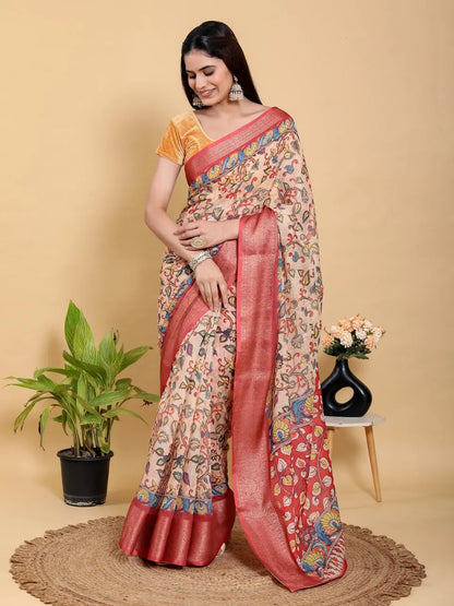Designer Jacquard Patta Linen Cotton Saree with Floral Digital Print & Zari Border – Festive Ethnic Wear Attractive Sister