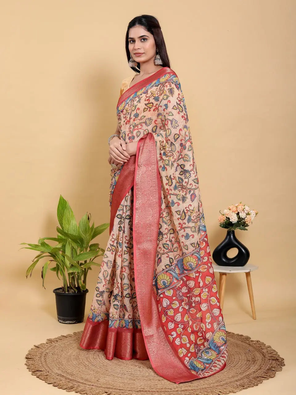 Designer Jacquard Patta Linen Cotton Saree with Floral Digital Print & Zari Border – Festive Ethnic Wear Attractive Sister