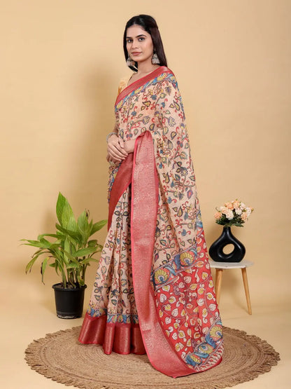 Designer Jacquard Patta Linen Cotton Saree with Floral Digital Print & Zari Border – Festive Ethnic Wear Attractive Sister