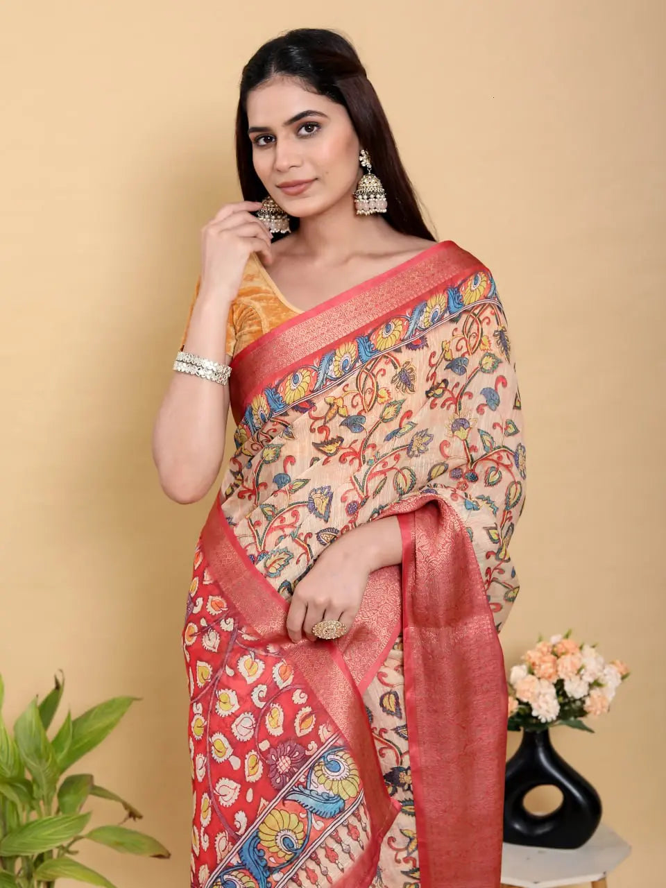 Designer Jacquard Patta Linen Cotton Saree with Floral Digital Print & Zari Border – Festive Ethnic Wear Attractive Sister