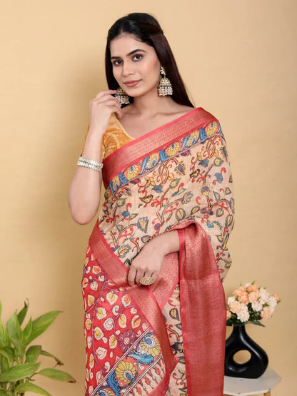 Designer Jacquard Patta Linen Cotton Saree with Floral Digital Print & Zari Border – Festive Ethnic Wear Attractive Sister