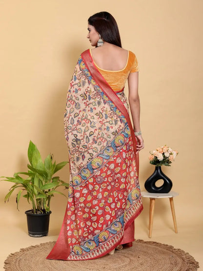 Designer Jacquard Patta Linen Cotton Saree with Floral Digital Print & Zari Border – Festive Ethnic Wear Attractive Sister