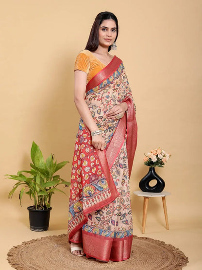 Designer Jacquard Patta Linen Cotton Saree with Floral Digital Print & Zari Border – Festive Ethnic Wear Attractive Sister