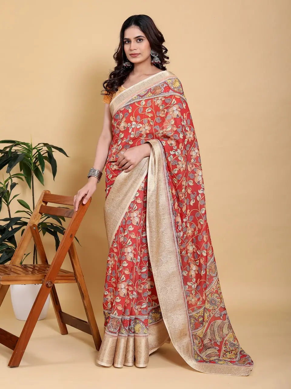 Designer Jacquard Patta Linen Cotton Saree with Floral Digital Print & Zari Border – Festive Ethnic Wear Attractive Sister