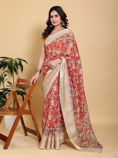 Designer Jacquard Patta Linen Cotton Saree with Floral Digital Print & Zari Border – Festive Ethnic Wear Attractive Sister