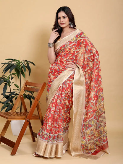 Designer Jacquard Patta Linen Cotton Saree with Floral Digital Print & Zari Border – Festive Ethnic Wear Attractive Sister