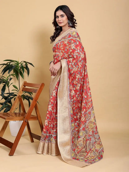 Designer Jacquard Patta Linen Cotton Saree with Floral Digital Print & Zari Border – Festive Ethnic Wear Attractive Sister