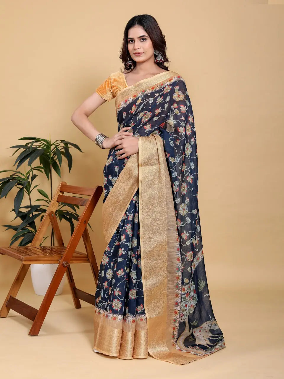 Designer Jacquard Patta Linen Cotton Saree with Floral Digital Print & Zari Border – Festive Ethnic Wear Attractive Sister