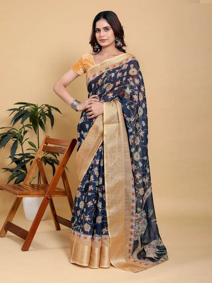 Designer Jacquard Patta Linen Cotton Saree with Floral Digital Print & Zari Border – Festive Ethnic Wear Attractive Sister