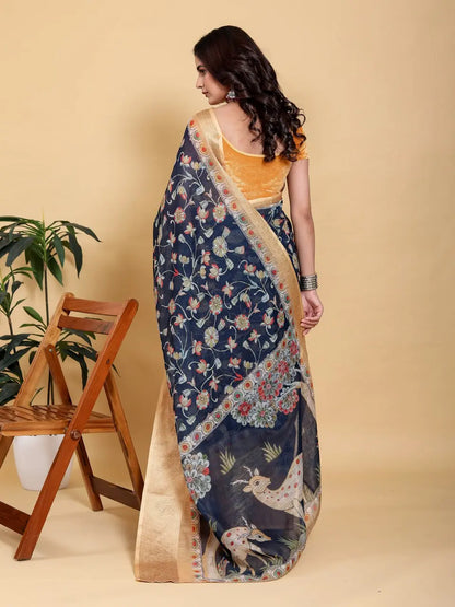 Designer Jacquard Patta Linen Cotton Saree with Floral Digital Print & Zari Border – Festive Ethnic Wear Attractive Sister