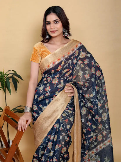 Designer Jacquard Patta Linen Cotton Saree with Floral Digital Print & Zari Border – Festive Ethnic Wear Attractive Sister