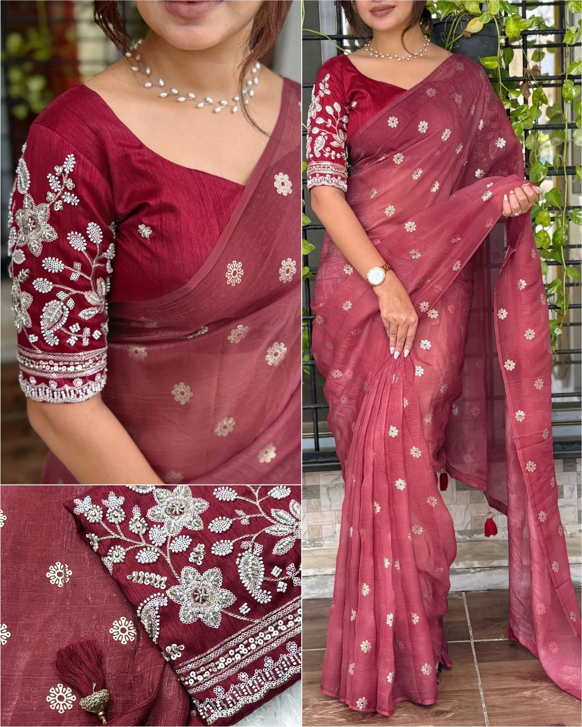 Designer Tissue Crunchy Saree with 3D Foil Work & Pearl-Bead Embroidered Blouse – Festive Wear for Women RE