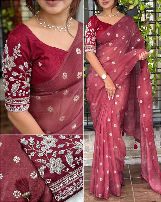 Designer Tissue Crunchy Saree with 3D Foil Work & Pearl-Bead Embroidered Blouse – Festive Wear for Women RE