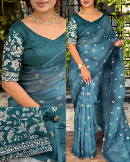 Designer Tissue Crunchy Saree with 3D Foil Work & Pearl-Bead Embroidered Blouse – Festive Wear for Women RE